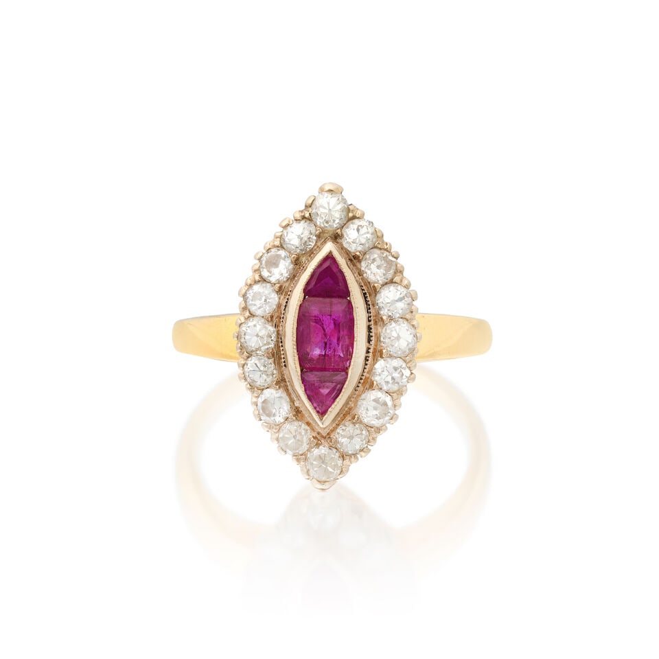 RUBY AND DIAMOND NAVETTE RING: RUBY AND DIAMOND NAVETTE RING Step and calibré-cut rubies Old brilliant-cut diamonds approx. 0.60ct total Ring size approx. R½ Weight approx. 6.5g Footnotes: OVERALL CONDITION Light surface