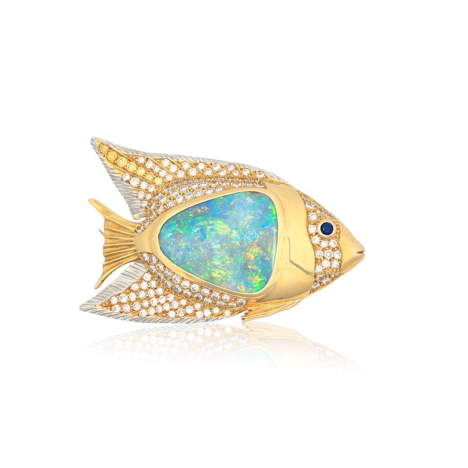 OPAL, DIAMOND, COLOURED DIAMOND AND SAPPHIRE FISH BROOCH, 1992: OPAL, DIAMOND, COLOURED DIAMOND AND SAPPHIRE FISH BROOCH, 1992 Opal slice Brilliant-cut diamonds approx. 1.20cts total Brilliant-cut coloured diamonds Circular-cut sapphires 18 carat gold Maker's mark