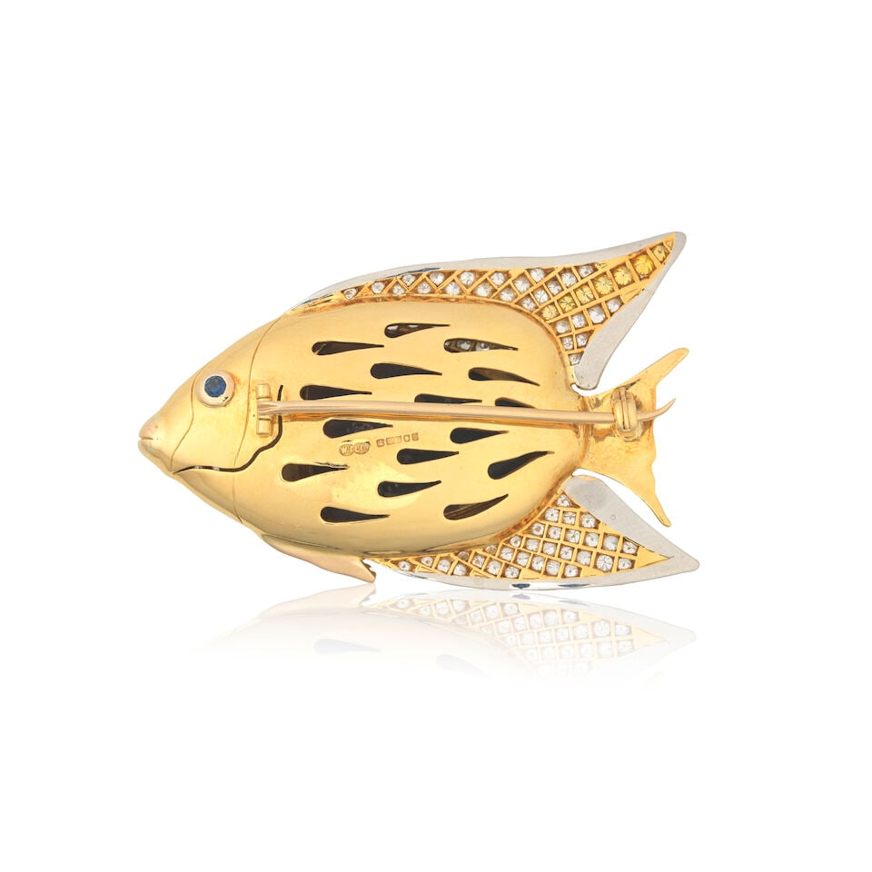 OPAL, DIAMOND, COLOURED DIAMOND AND SAPPHIRE FISH BROOCH, 1992 - 2
