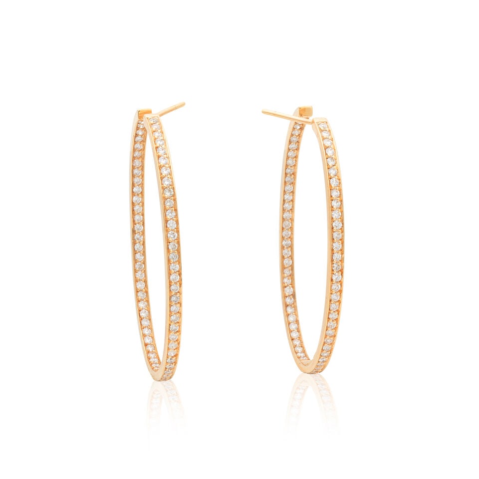 DIAMOND-SET HOOP EARRINGS: DIAMOND-SET HOOP EARRINGS Brilliant-cut diamonds approx. 1.85cts total Length 4.3cm Weight approx. 10.5g Footnotes: OVERALL CONDITION Light surface wear to unhallmarked metal stamped to inner hoop