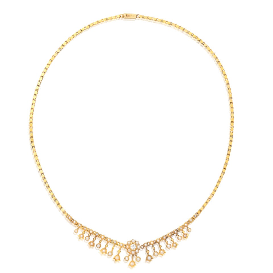 SEED PEARL AND DIAMOND NECKLACE, CIRCA 1890: SEED PEARL AND DIAMOND NECKLACE, CIRCA 1890 Seed pearls Old brilliant-cut diamond Length 40.5cm Weight approx. 10.5g Footnotes: OVERALL CONDITION Some surface wear commensurate with age to unhallmarke