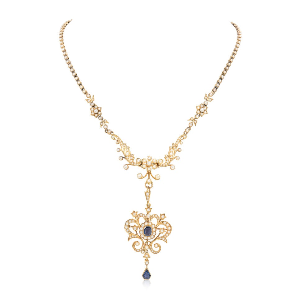 SAPPHIRE AND SEED PEARL NECKLACE, CIRCA 1900: SAPPHIRE AND SEED PEARL NECKLACE, CIRCA 1900 Octagonal step-cut and fancy-cut sapphires Seed pearls Necklace length 41.0cm, pendant length 5.5cm Weight approx. 24.5g Footnotes: GIA: Natural American (