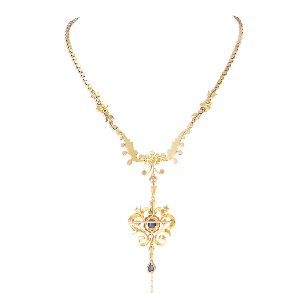 SAPPHIRE AND SEED PEARL NECKLACE, CIRCA 1900 - 2