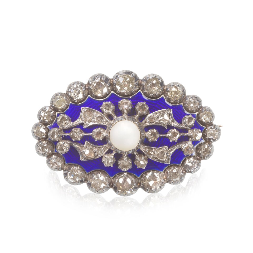 DIAMOND, PEARL AND ENAMEL BROOCH, CIRCA 1860: DIAMOND, PEARL AND ENAMEL BROOCH, CIRCA 1860 Old brilliant, single and rose-cut diamonds approx. 2.00cts total Bouton pearl Guilloché enamel Length 3.2cm Weight approx. 9.5g Footnotes: OVERALL