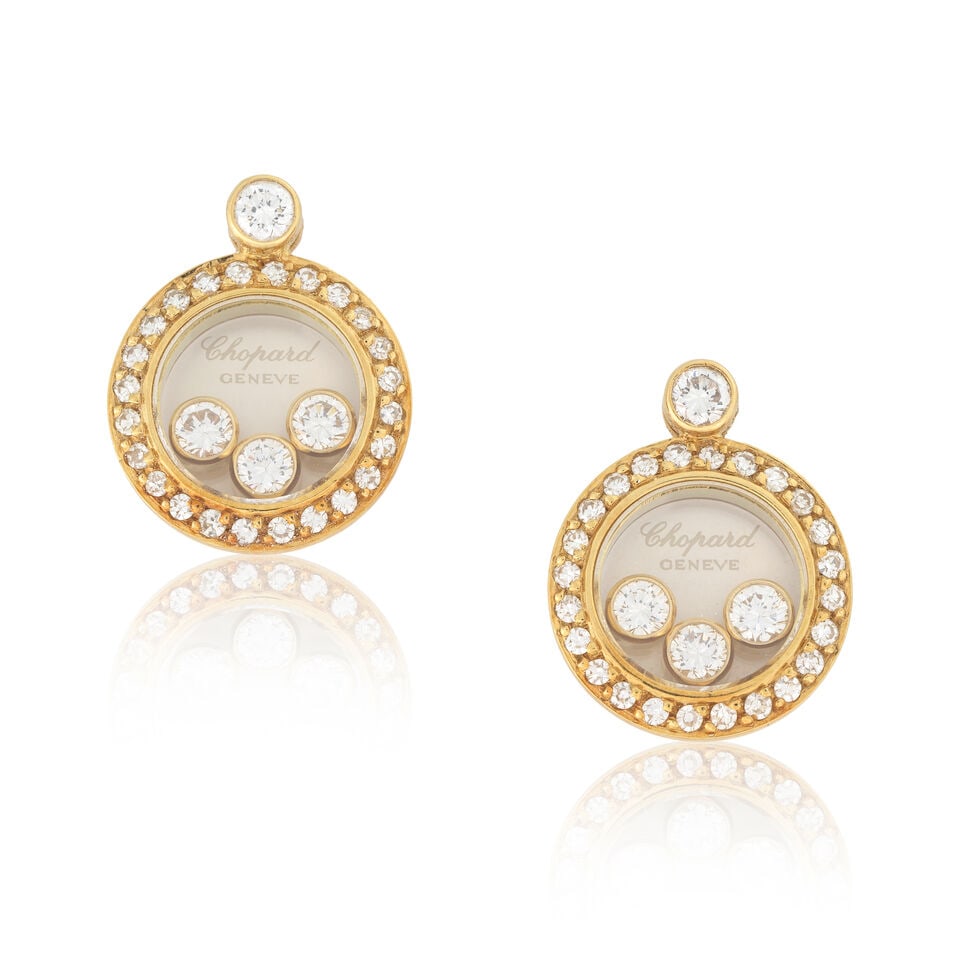 CHOPARD: DIAMOND-SET 'HAPPY DIAMONDS' EARRINGS: CHOPARD: DIAMOND-SET 'HAPPY DIAMONDS' EARRINGS Brilliant and single-cut diamonds approx. 0.35ct total Signed Chopard, maker's mark, Austrian assay marks Length 1.3cm Weight approx. 6.5g Maker's case F