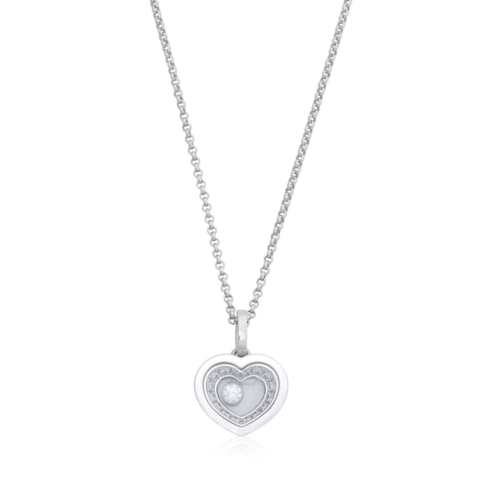 CHOPARD: DIAMOND-SET 'HAPPY DIAMOND' NECKLACE: CHOPARD: DIAMOND-SET 'HAPPY DIAMOND' NECKLACE Brilliant-cut diamonds 18 carat gold Signed Chopard, numbered, Convention marks, Swiss assay mark Pendant length 2.0cm, necklace length 42.0cm Weight appr