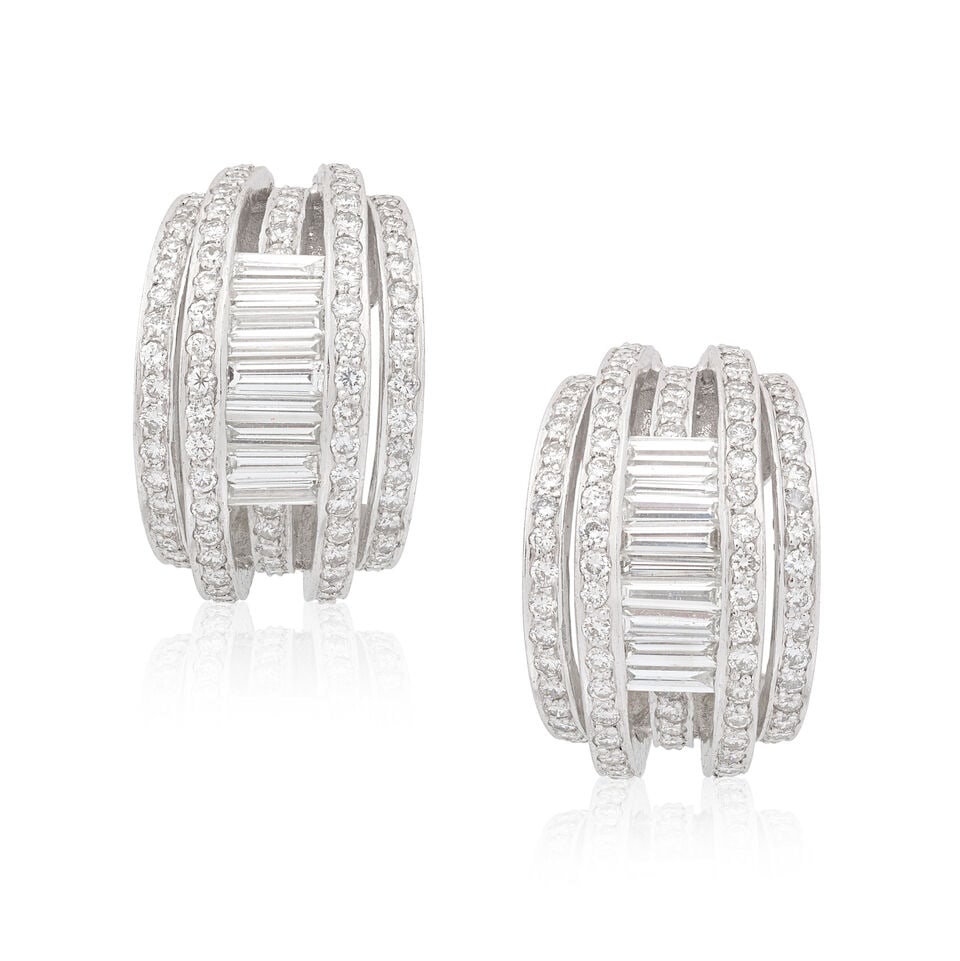 DIAMOND-SET EARRINGS: DIAMOND-SET EARRINGS Brilliant and baguette-cut diamonds approx. 4.30cts total Length approx. 2.1cm Weight approx. 22.5g Footnotes: OVERALL CONDITION Light surface wear to unhallmarked metal stamped