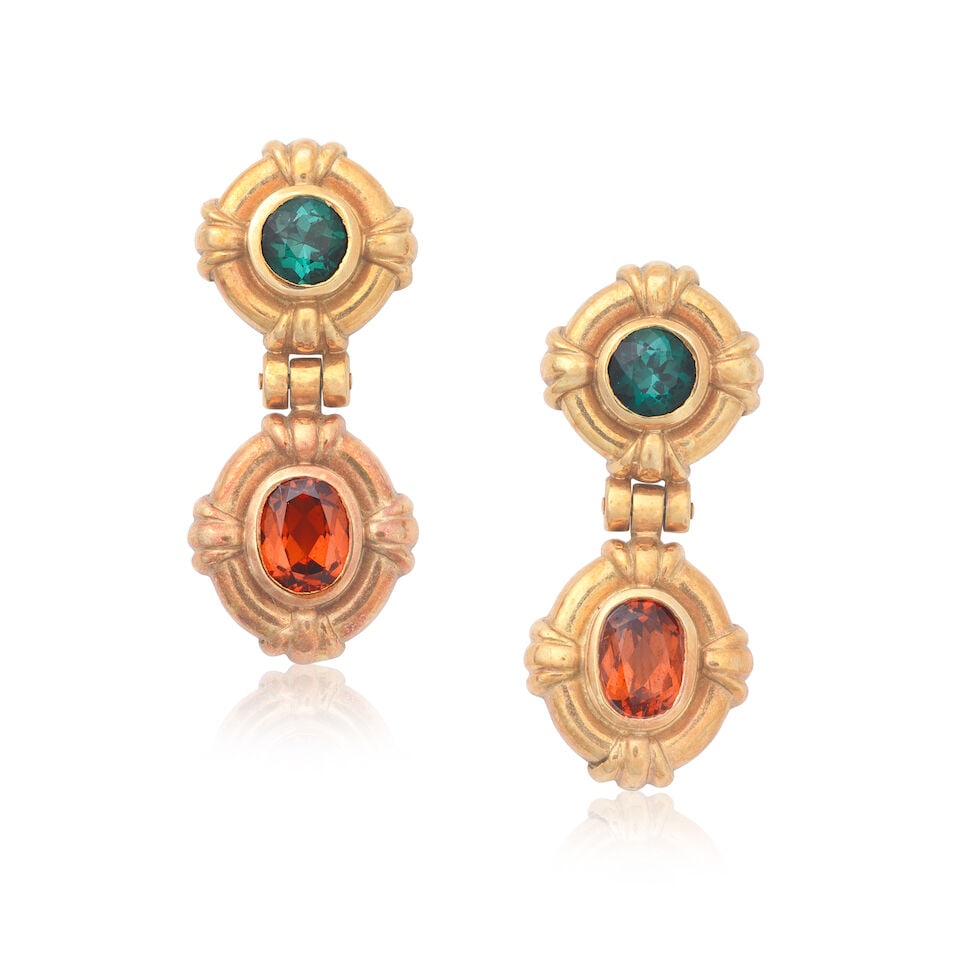 THEO FENNELL: TOURMALINE AND CITRINE PENDENT EARRINGS, 1993: THEO FENNELL: TOURMALINE AND CITRINE PENDENT EARRINGS, 1993 Circular-cut tourmalines Oval-cut citrines 18 carat gold Signed Fennell, maker's mark TF, London hallmarks Length 2.7cm Weight approx.