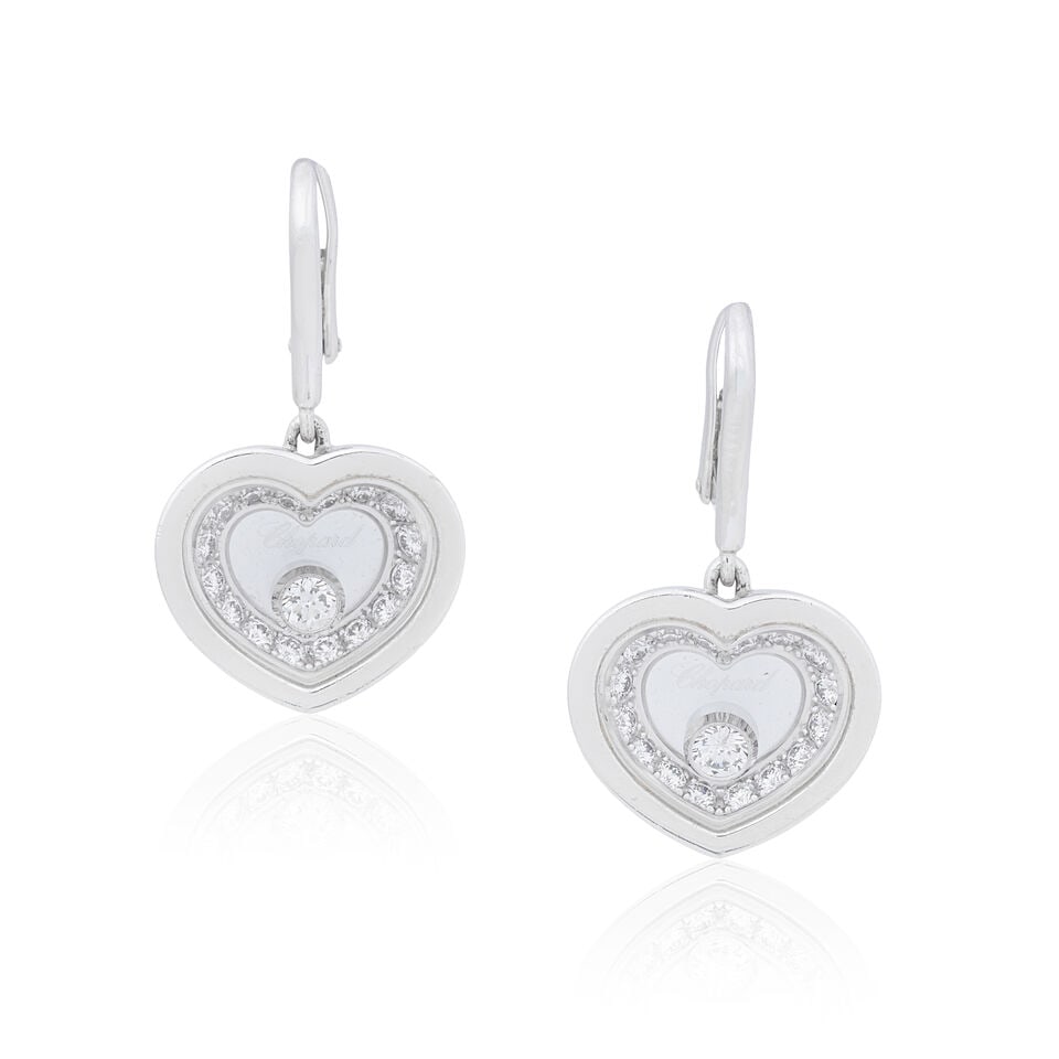 CHOPARD: DIAMOND-SET 'HAPPY DIAMONDS' EARRINGS: CHOPARD: DIAMOND-SET 'HAPPY DIAMONDS' EARRINGS Brilliant-cut diamonds approx. 0.40ct total 18 carat gold Signed Chopard, numbered, Convention mark, Swiss assay mark Length 2.5cm Weight approx.