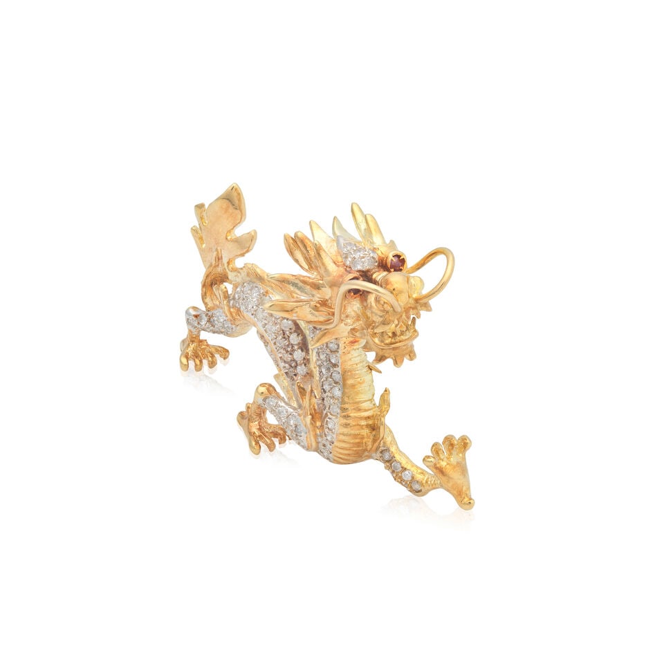 DIAMOND-SET DRAGON BROOCH: DIAMOND-SET DRAGON BROOCH Brilliant-cut diamonds approx. 0.55ct total Length 4.0cm Weight approx. 16.0g Footnotes: OVERALL CONDITION Light surface wear to unhallmarked yellow metal testing as 17kt