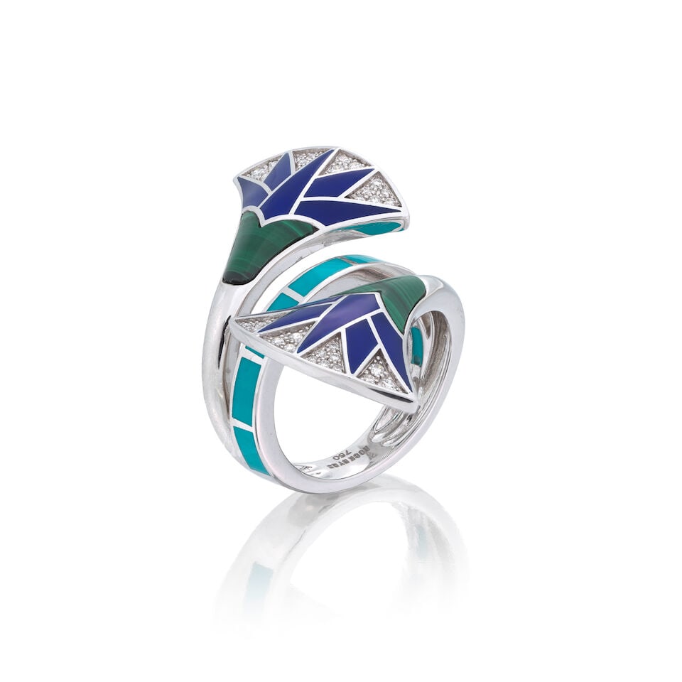 ROCK BY GS: DIAMOND, MALACHITE AND ENAMEL-SET RING: ROCK BY GS: DIAMOND, MALACHITE AND ENAMEL-SET RING Brilliant-cut diamonds Carved malachite Signed Rock by GS Ring size approx. I Weight approx. 9.0g Footnotes: OVERALL CONDITION Light surface wear to