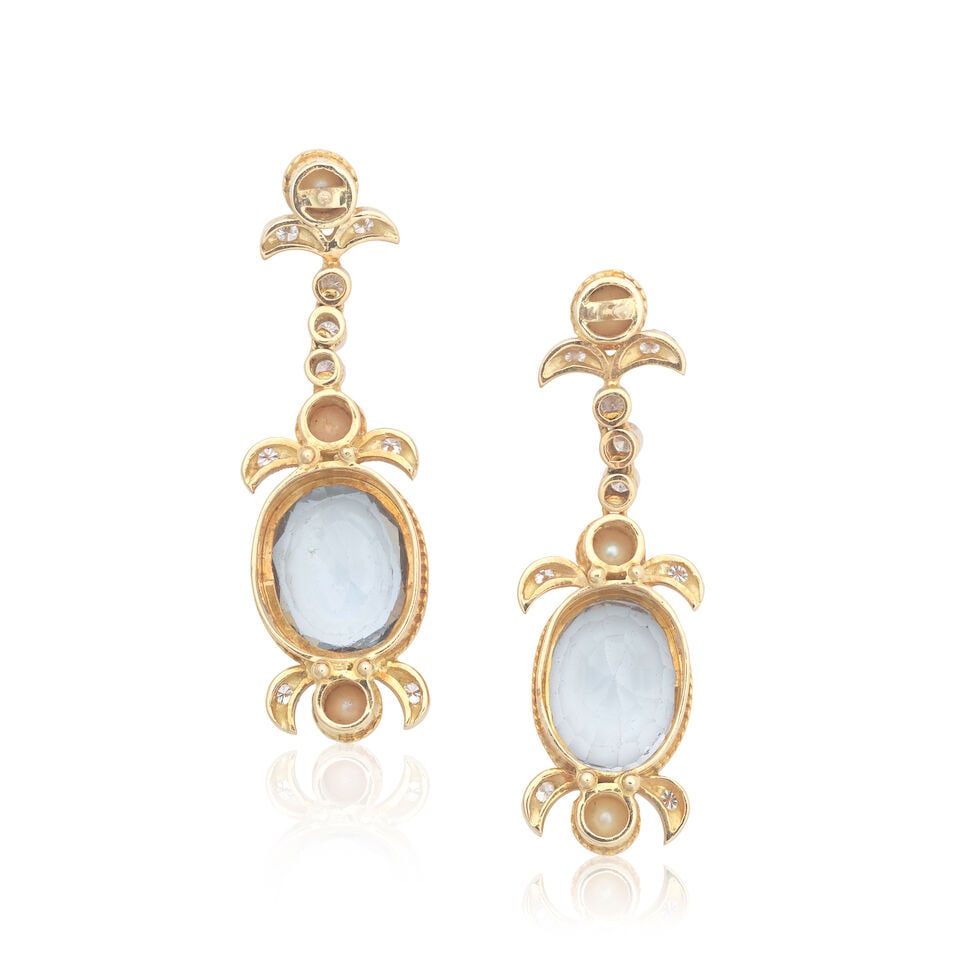 DIAMOND, PEARL AND SYNTHETIC SPINEL PENDENT EARRINGS - 2