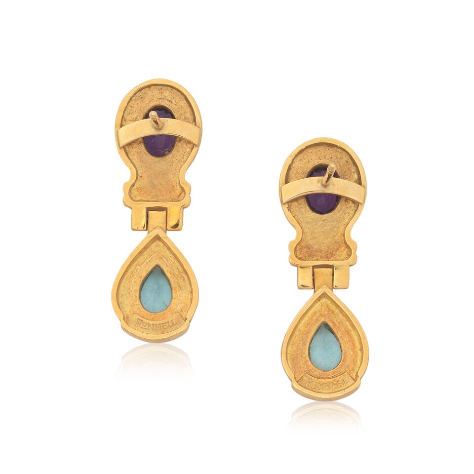 THEO FENNELL: AQUAMARINE AND AMETHYST PENDENT EARRINGS, 1990 - 2