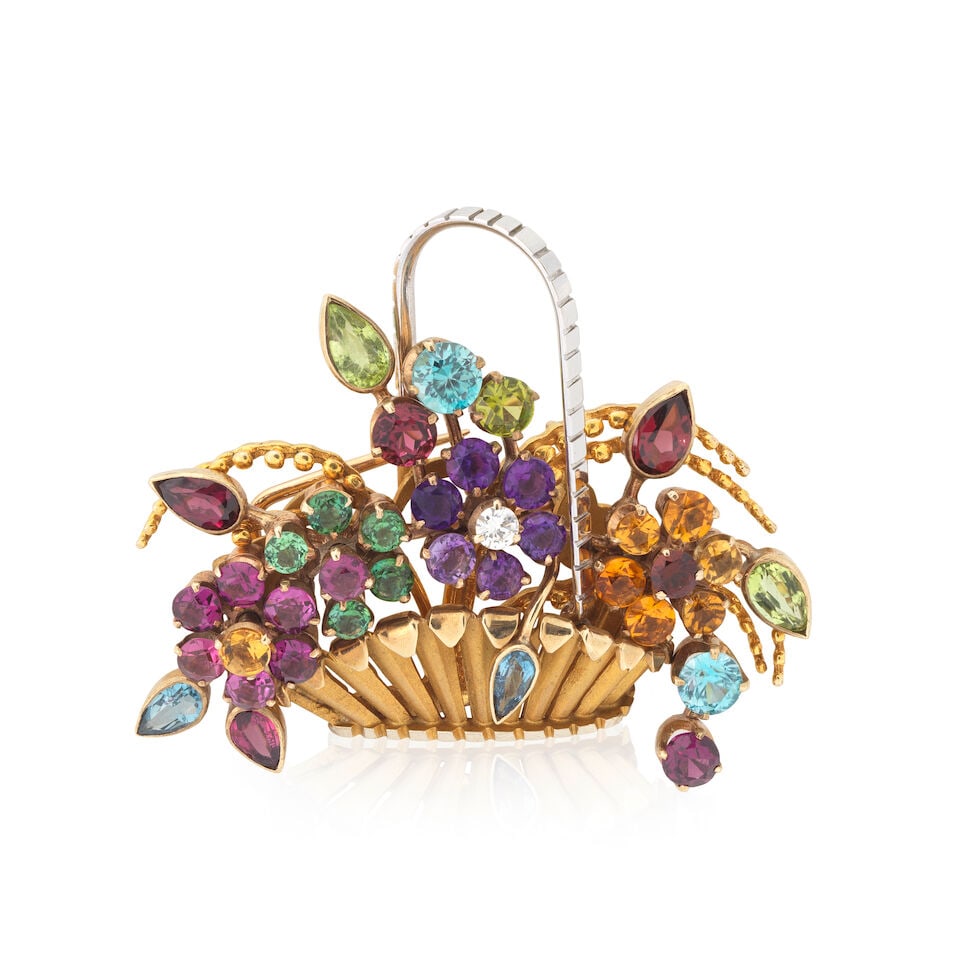 GEM-SET GIARDINETTO PENDANT/BROOCH: GEM-SET GIARDINETTO PENDANT/BROOCH Circular and pear-cut tourmalines, amethysts, aquamarines, peridot and citrines Brilliant-cut diamond Length 4.5cm Weight approx. 20.0g Footnotes: OVERALL