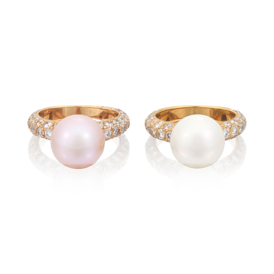 TWO CULTURED PEARL AND DIAMOND RINGS (1 of 3)