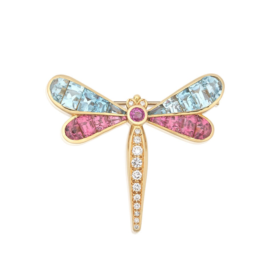 GARRARD: TOPAZ, PINK TOURMALINE, RUBY AND DIAMOND DRAGONFLY BROOCH, CIRCA 1989: GARRARD: TOPAZ, PINK TOURMALINE, RUBY AND DIAMOND DRAGONFLY BROOCH, CIRCA 1989 Fancy-cut pink tourmaline and blue topaz cabochons Circular-cut ruby Brilliant-cut diamonds approx. 0.40ct total 18