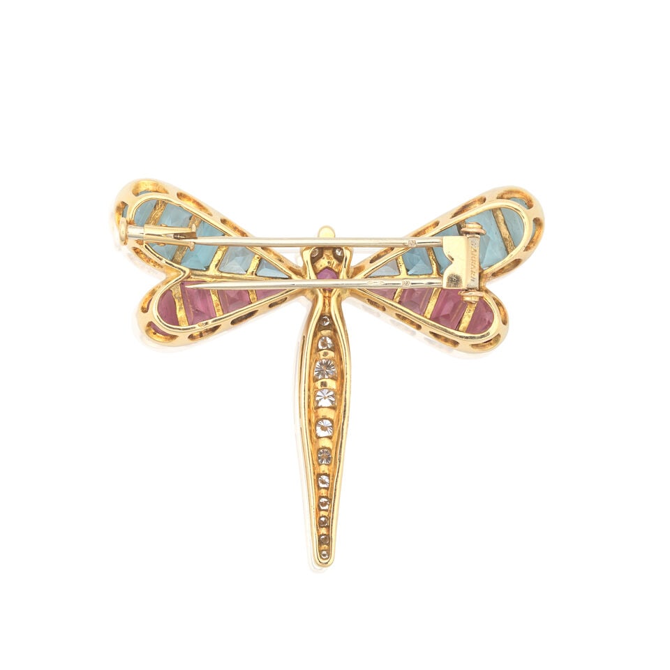GARRARD: TOPAZ, PINK TOURMALINE, RUBY AND DIAMOND DRAGONFLY BROOCH, CIRCA 1989 - 2