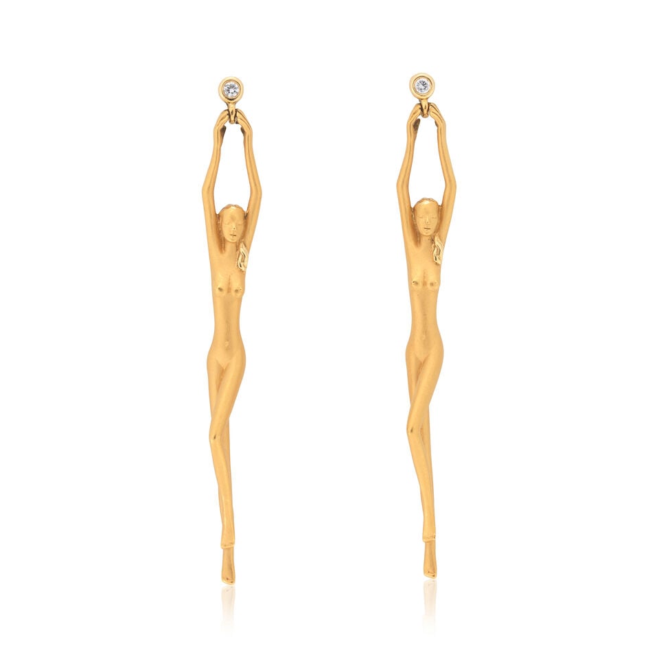 ATTRIBUTED TO CARRERA Y CARRERA: DIAMOND-SET PENDENT EARRINGS: ATTRIBUTED TO CARRERA Y CARRERA: DIAMOND-SET PENDENT EARRINGS Of elongated female form Brilliant-cut diamonds Length 5.0cm Weight approx. 9.5g Maker's case, box and certificate of