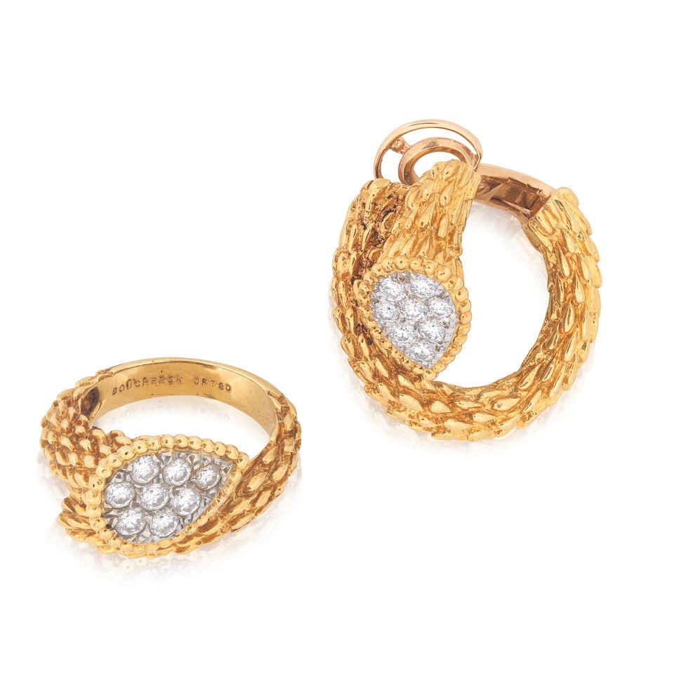 BOUCHERON: DIAMOND-SET 'SERPENT BOHÈME' RING AND SINGLE EARCLIP: BOUCHERON: DIAMOND-SET 'SERPENT BOHÈME' RING AND SINGLE EARCLIP Brilliant-cut diamonds approx. 0.60ct total Signed Boucheron, French assay marks Ring size approx. I½, earclip length