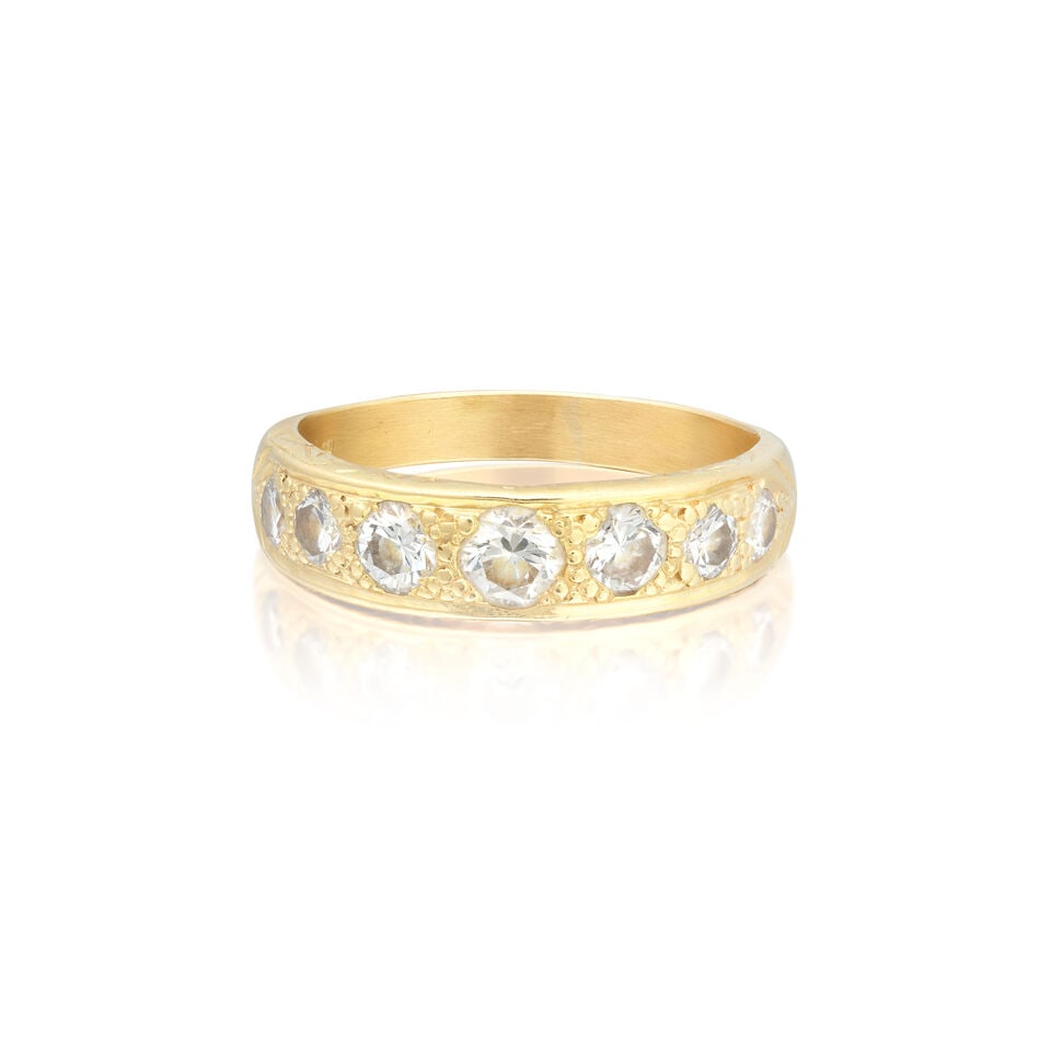 DIAMOND-SET HALF ETERNITY RING: DIAMOND-SET HALF ETERNITY RING Brilliant-cut diamonds approx. 0.85ct total Ring size approx. O½ (hoop off round) Weight approx. 4.5g Footnotes: OVERALL CONDITION Some wear to unhallmarked yellow
