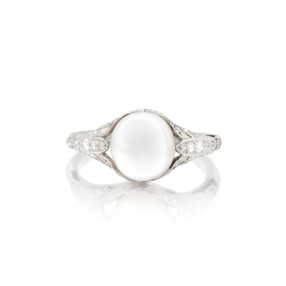 NATURAL PEARL AND DIAMOND RING, CIRCA 1910: NATURAL PEARL AND DIAMOND RING, CIRCA 1910 Natural pearl Old brilliant and single-cut diamonds Ring size approx. J Weight approx. 3.5g Footnotes: GIA: Natural Saltwater Pearl, measuring 8.29 x 7.75 x