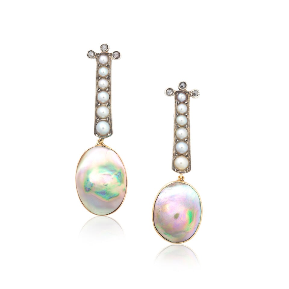 PEARL AND DIAMOND PENDENT EARRINGS: PEARL AND DIAMOND PENDENT EARRINGS Blister pearls Seed pearls Rose-cut diamonds Length 5.0cm Weight approx. 6.0g Footnotes: The Gem & Pearl Laboratory: Natural abalone hollow blister pearl. Approx. 17