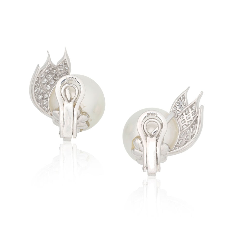 CULTURED PEARL AND DIAMOND EARCLIPS - 2