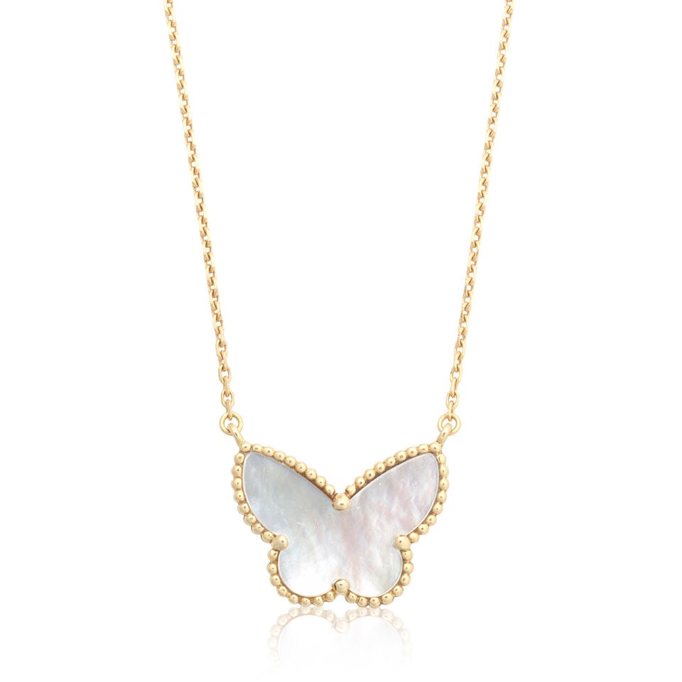 VAN CLEEF & ARPELS: MOTHER-OF-PEARL 'LUCKY ALHAMBRA' BUTTERFLY NECKLACE: VAN CLEEF & ARPELS: MOTHER-OF-PEARL 'LUCKY ALHAMBRA' BUTTERFLY NECKLACE Mother-of-pearl butterfly Numbered BL211652, French assay mark Pendant width 1.9cm, chain length 42.0cm Weight approx.
