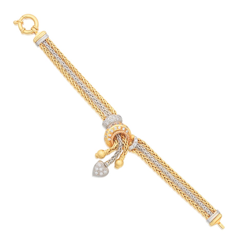 DIAMOND-SET TRI-COLOURED SWAG BRACELET: DIAMOND-SET TRI-COLOURED SWAG BRACELET Brilliant-cut diamonds approx. 1.20cts total 18 carat gold London hallmark, maker's mark BJF Length approx. 20.0cm Weight approx. 32.5g Footnotes: OVERALL