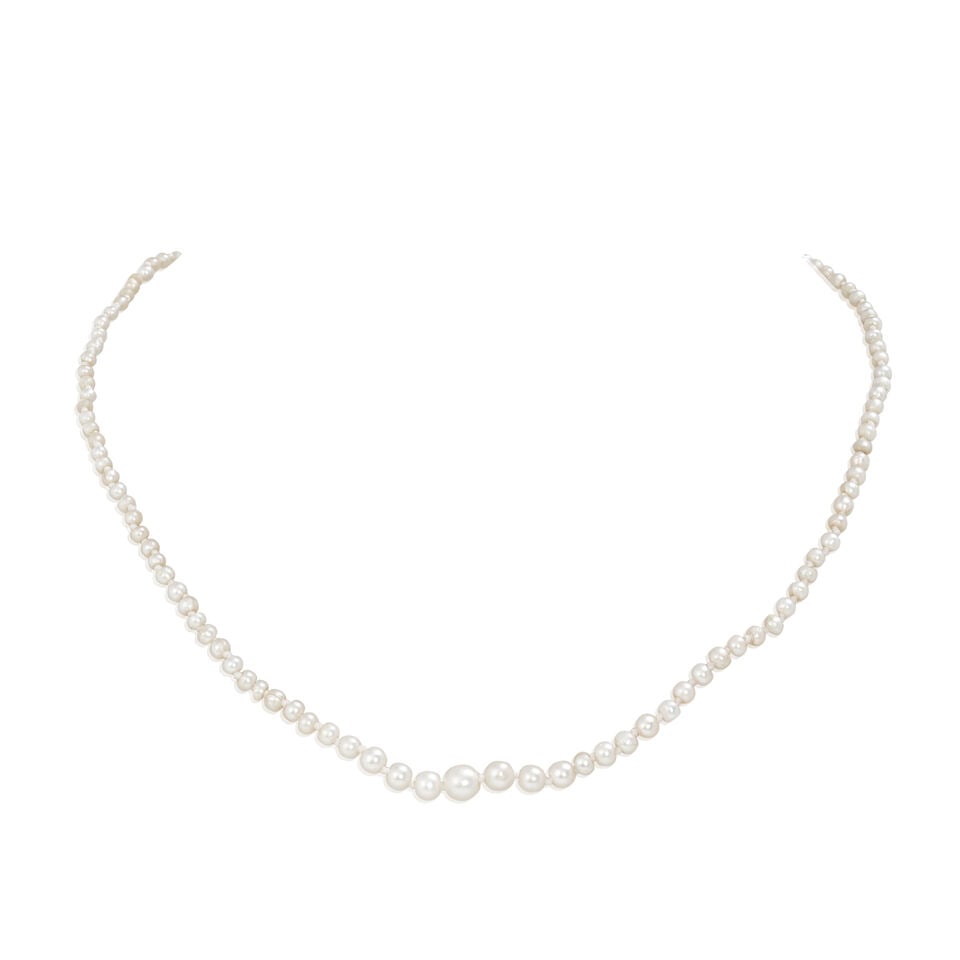 NATURAL PEARL NECKLACE: NATURAL PEARL NECKLACE Natural pearls Rose-cut diamond-set clasp Length 41.0cm Weight approx. 4.5g Footnotes: Please note, a verbal report confirming these pearls are of Natural Saltwater origin has