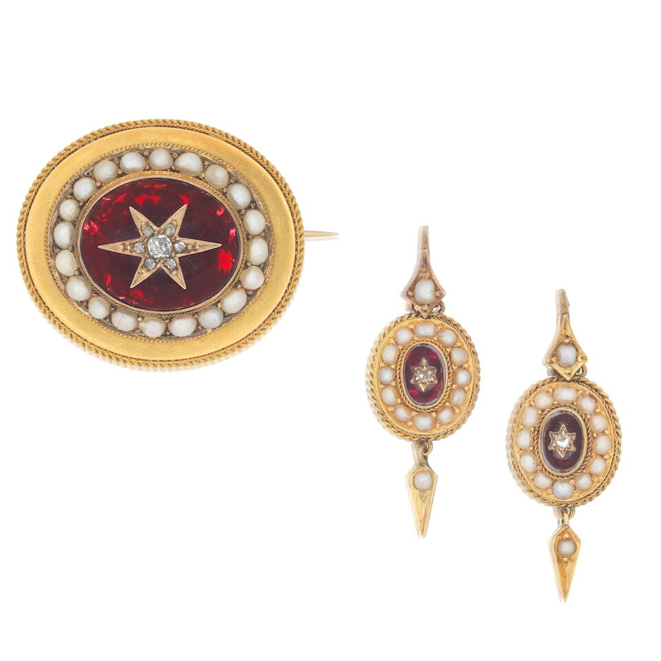 GARNET, DIAMOND AND SEED PEARL BROOCH AND EARRING SUITE, CIRCA 1870: GARNET, DIAMOND AND SEED PEARL BROOCH AND EARRING SUITE, CIRCA 1870 Garnet cabochons Seed pearls Old brilliant and rose-cut diamonds Wirework detailing Foiled closed back settings Brooch length 3.4cm,