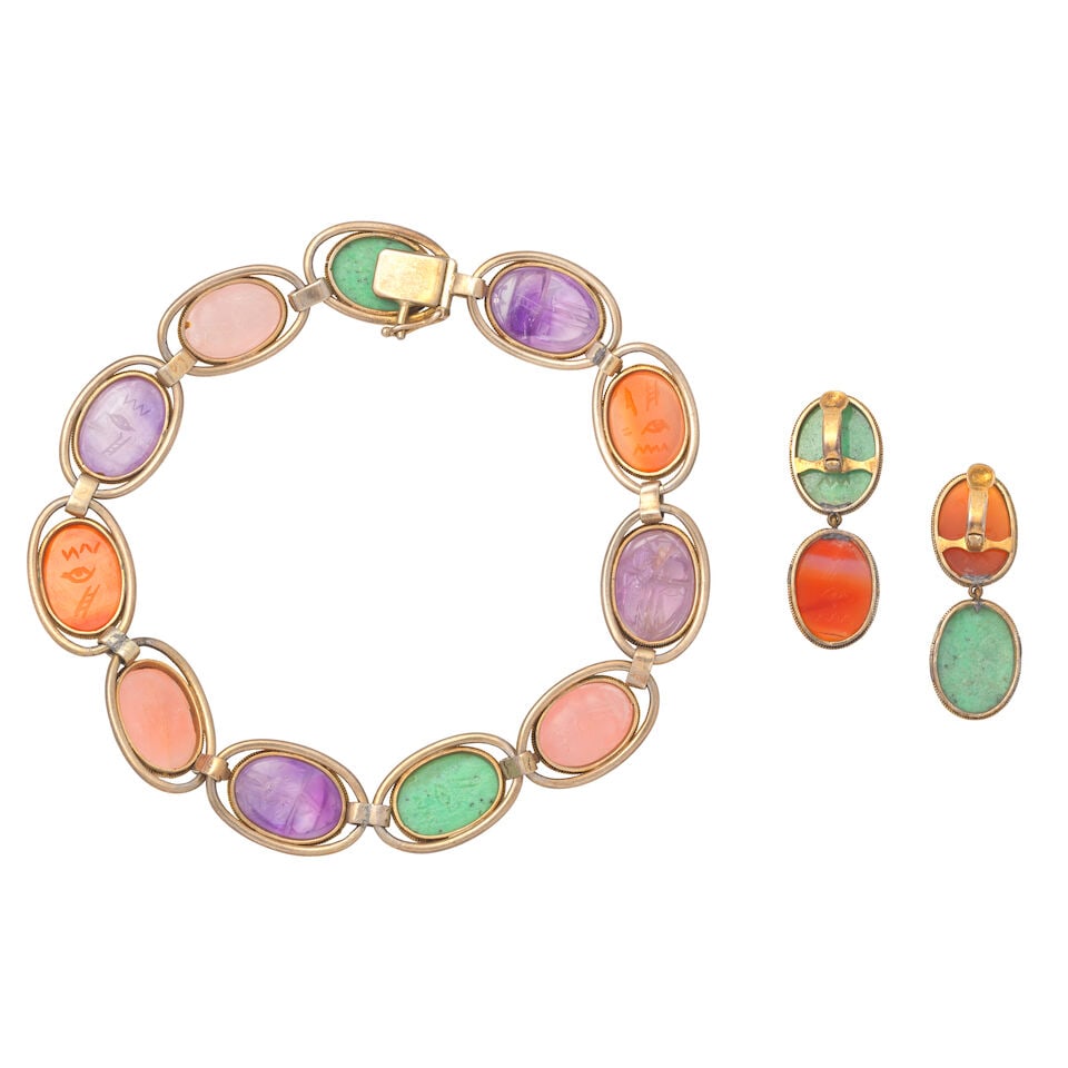 CARVED SCARAB QUARTZ NECKLACE AND EARCLIP SUITE - 2