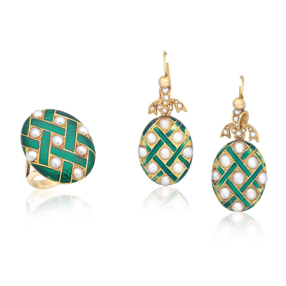 SEED PEARL AND ENAMEL EARRINGS AND ASSOCIATED RING, CIRCA 1900 AND LATER: SEED PEARL AND ENAMEL EARRINGS AND ASSOCIATED RING, CIRCA 1900 AND LATER Half seed pearls Green guilloché enamel Mounted in gold Ring size approx. M, ring plaque length 2.3cm, earring length 3.3c