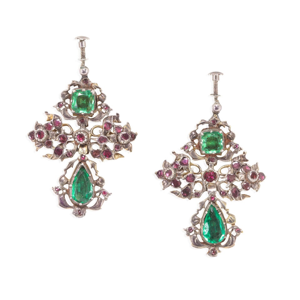 GEM-SET PENDENT EARRINGS, CIRCA 19TH CENTURY AND LATER: GEM-SET PENDENT EARRINGS, CIRCA 19TH CENTURY AND LATER Pear and square-cut green paste Circular-cut rubies Mounted in gold and silver Length 5.5cm Weight approx. 22.0g Footnotes: OVERALL