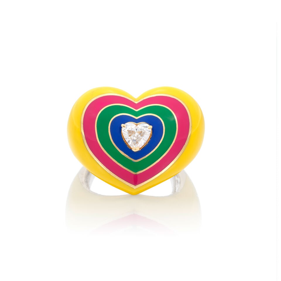 ROCK BY GS: DIAMOND AND ENAMEL HEART RING: ROCK BY GS: DIAMOND AND ENAMEL HEART RING Heart-shaped diamond very approx. 0.50ct Signed Rock by GS Length 2.5cm Ring size approx. K Weight approx. 12.0g Footnotes: OVERALL CONDITION Light surface we