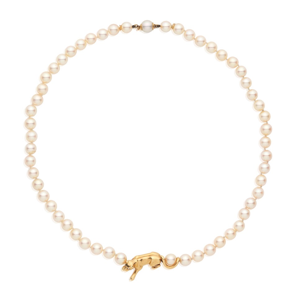CARTIER: DIAMOND AND CULTURED PEARL 'PANTHÈRE' NECKLACE: CARTIER: DIAMOND AND CULTURED PEARL 'PANTHÈRE' NECKLACE Brilliant-cut diamonds Cultured pearls 18 carat gold Signed Cartier, numbered 615493, Convention mark, French assay mark Length