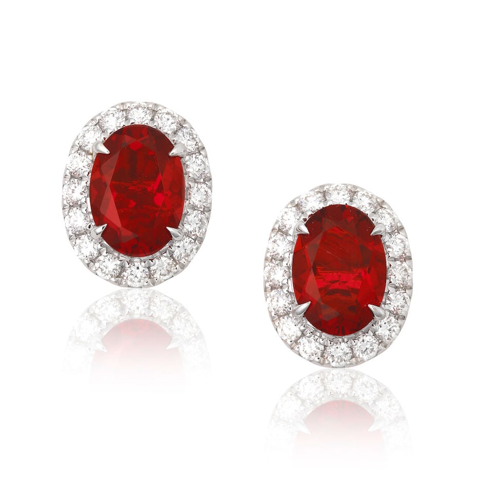 HARLE PARIS: FIRE OPAL AND DIAMOND EARRINGS: HARLE PARIS: FIRE OPAL AND DIAMOND EARRINGS Oval-cut fire opals Brilliant-cut diamonds approx. 0.35ct total 18 carat gold London hallmarks Length approx. 1.0cm Weight approx. 2.5g Footnotes: OVERALL C