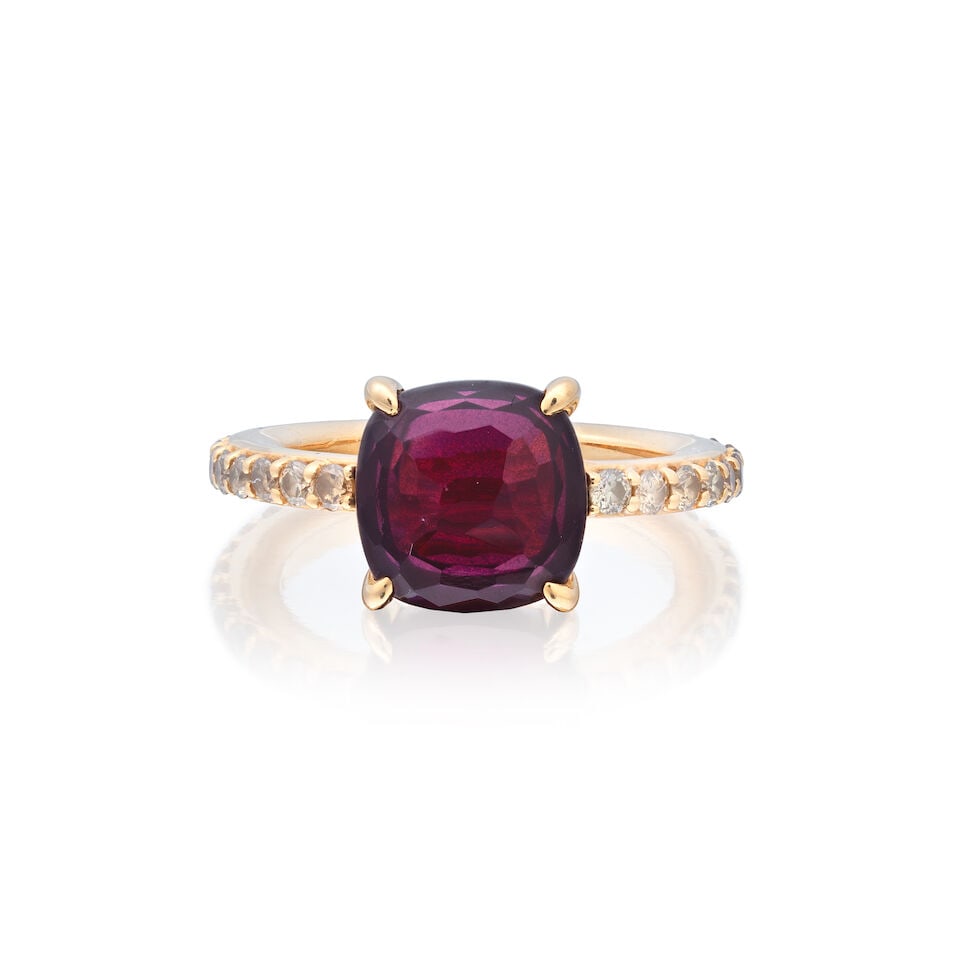 POMELLATO: GARNET AND COLOURED DIAMOND RING: POMELLATO: GARNET AND COLOURED DIAMOND RING Mixed-cut garnet Brilliant-cut coloured diamonds approx. 0.60cts total Signed Pomellato, numbered C600048139 Ring size approx. I½ Weight approx. 5.5g F