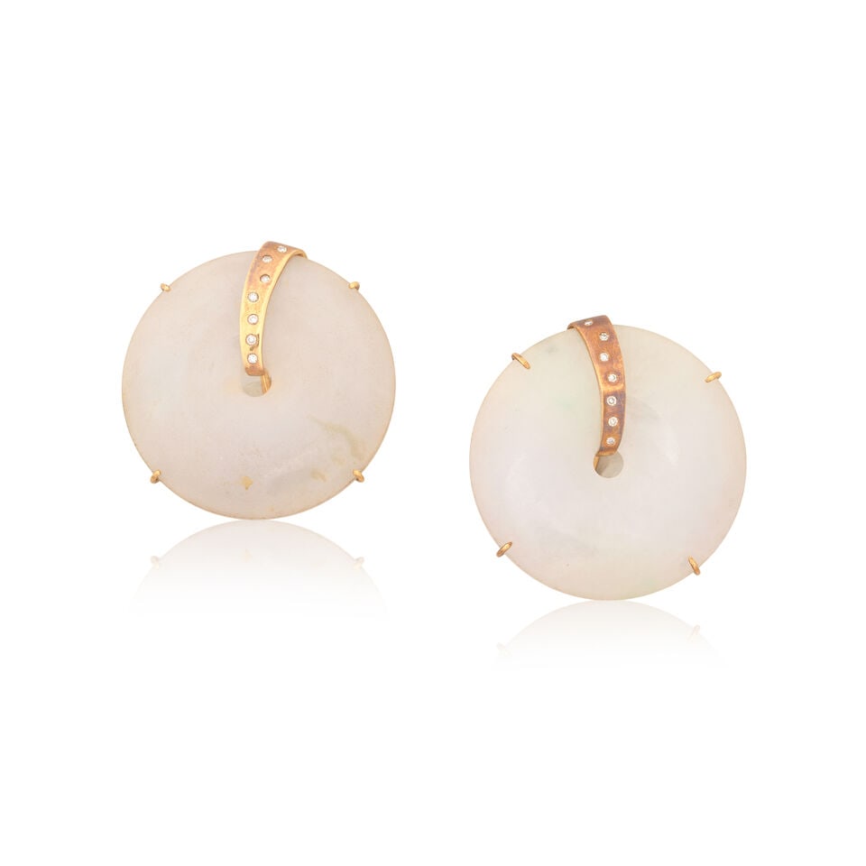 JADE AND DIAMOND EARRINGS: JADE AND DIAMOND EARRINGS Carved jadeite jade Single-cut diamonds Length 3.0cm Weight approx. 23.5g Footnotes: OVERALL CONDITION Some light wear to unhallmarked metal stamped with 18K and some minor d
