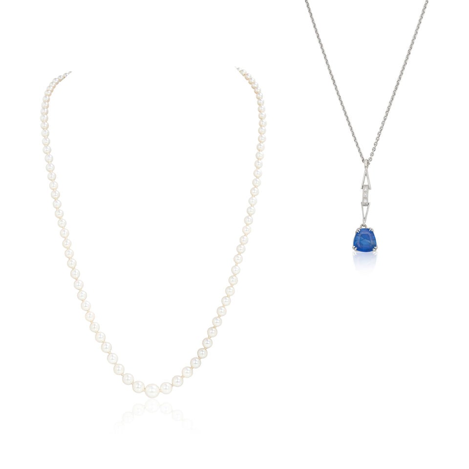 CULTURED PEARL NECKLACE WITH DIAMOND-SET CLASP AND SAPPHIRE PENDANT: CULTURED PEARL NECKLACE WITH DIAMOND-SET CLASP AND SAPPHIRE PENDANT 1st: Graduated cultured pearls Old brilliant and single-cut diamonds Length 53.0cm Weight approx. 15.0g 2nd: Step-cut