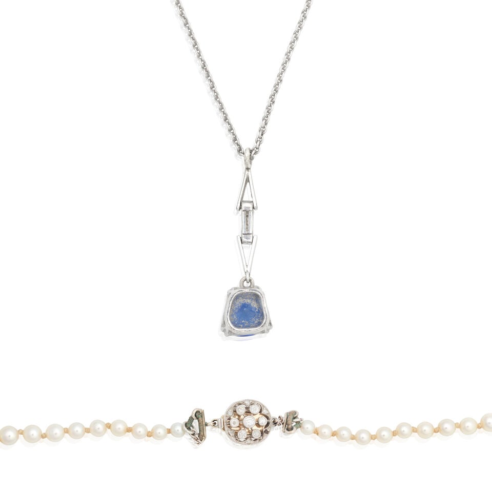 CULTURED PEARL NECKLACE WITH DIAMOND-SET CLASP AND SAPPHIRE PENDANT - 2