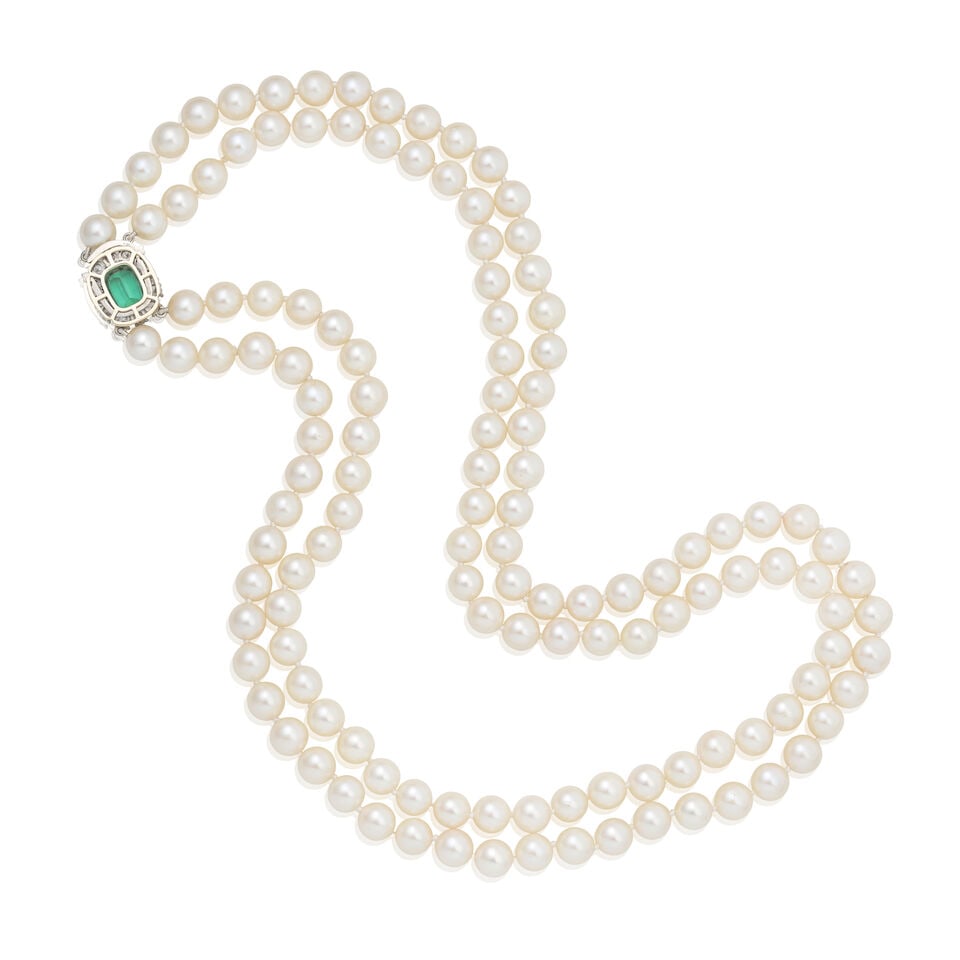 CULTURED PEARL NECKLACE WITH TOURMALINE AND DIAMOND CLUSTER CLASP - 2