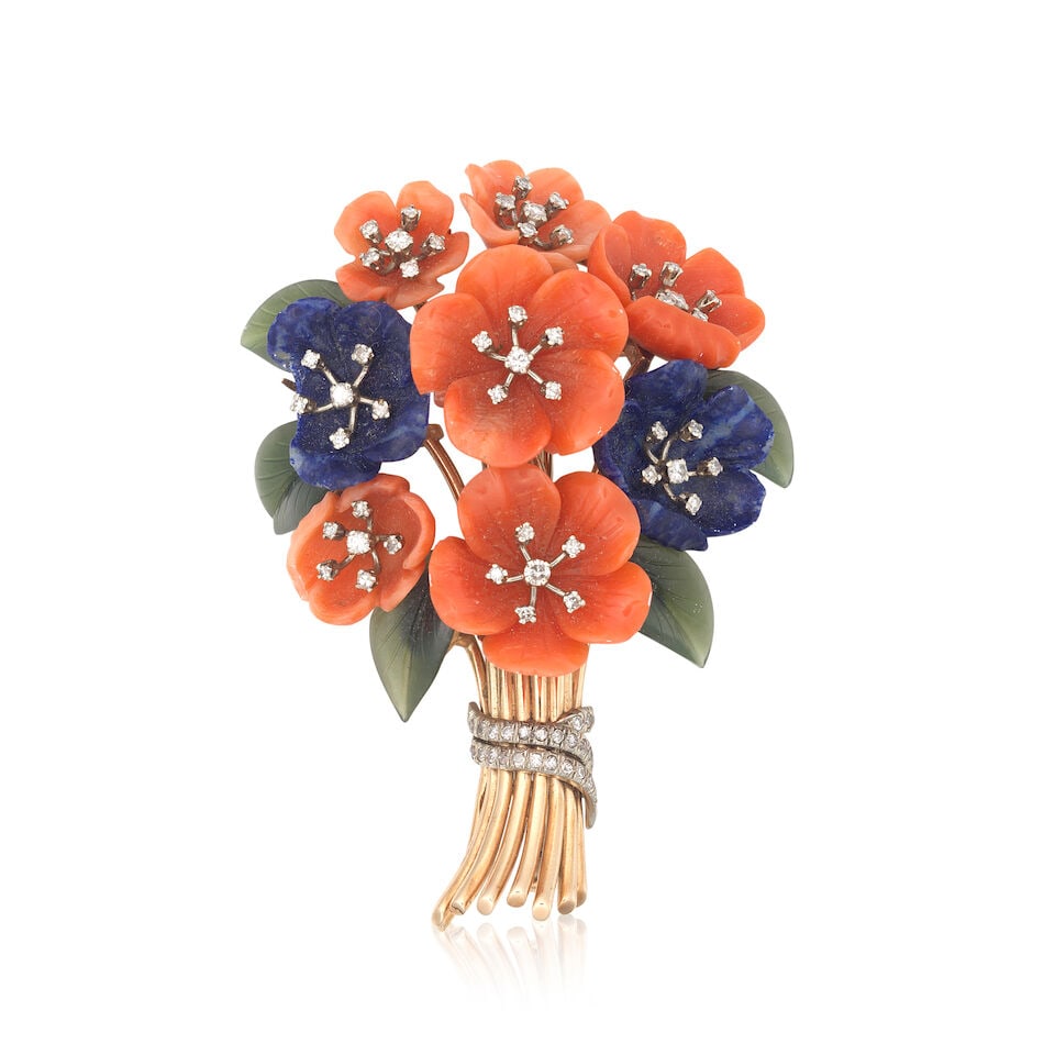 CORAL, LAPIS, NEPHRITE AND DIAMOND BROOCH: CORAL, LAPIS, NEPHRITE AND DIAMOND BROOCH Carved coral, lapis lazuli and nephrite Brilliant and single-cut diamonds approx. 0.75ct total Length 6.2cm Weight approx. 27.0g Footnotes: Please note this