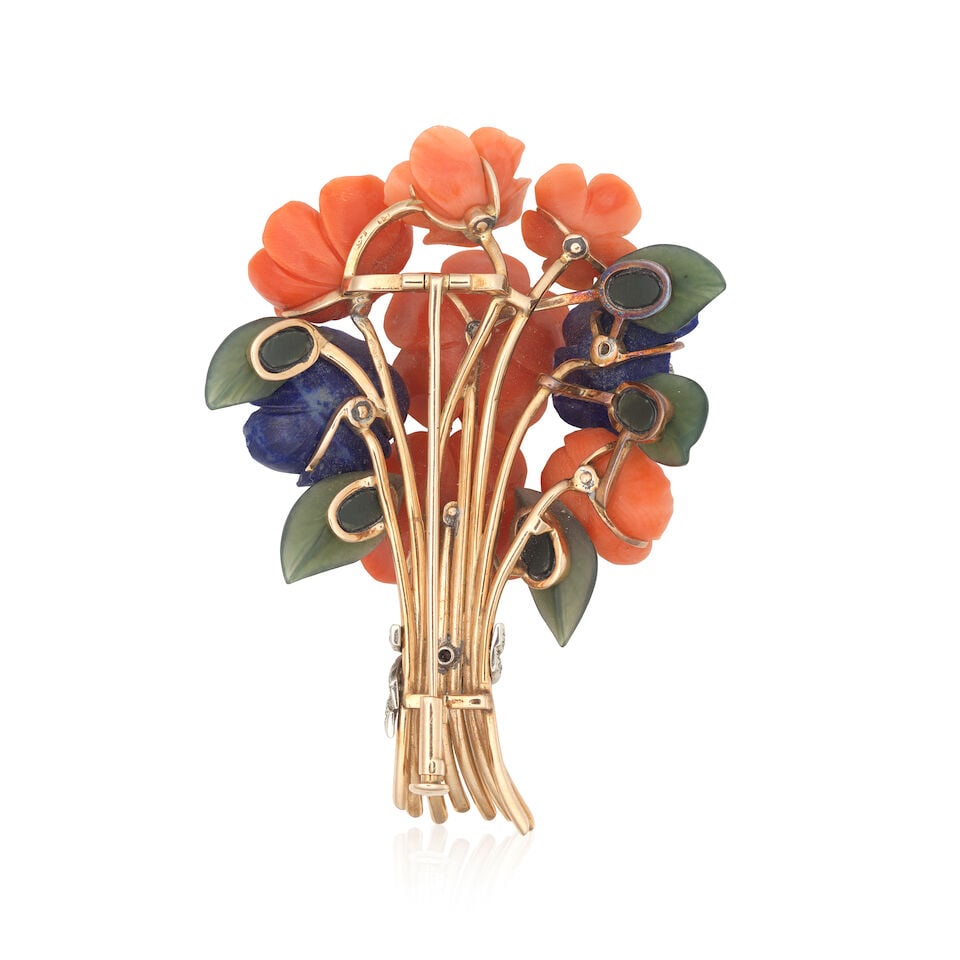 CORAL, LAPIS, NEPHRITE AND DIAMOND BROOCH - 2