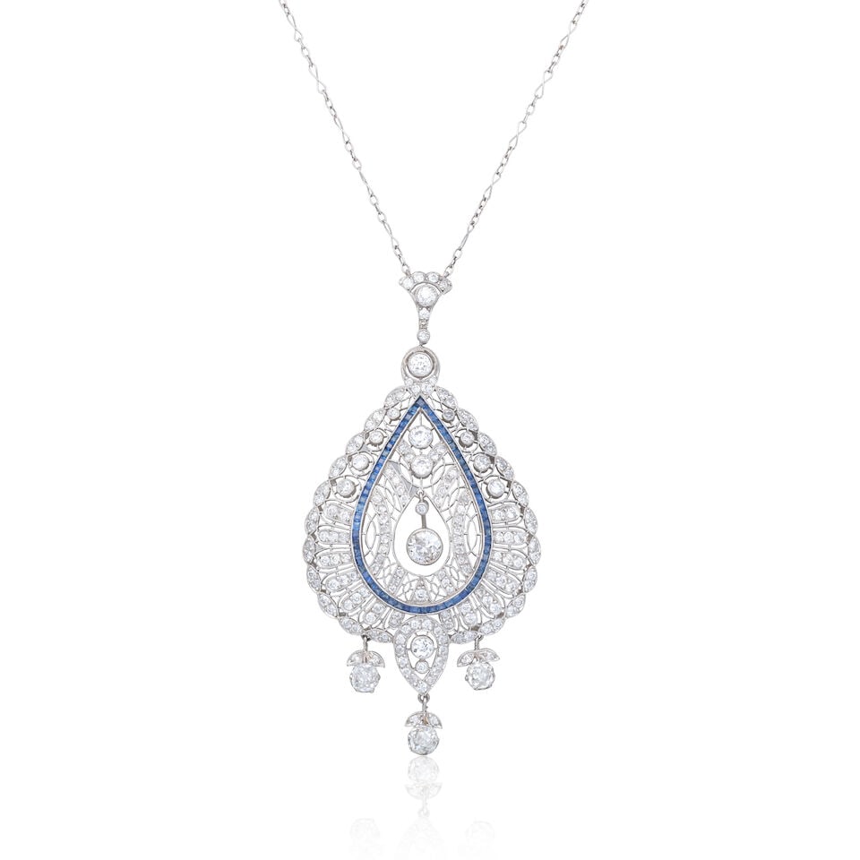 DIAMOND AND SAPPHIRE NECKLACE, CIRCA 1910: DIAMOND AND SAPPHIRE NECKLACE, CIRCA 1910 Old brilliant-cut diamonds approx. 3.10cts total Calibré-cut sapphires Pendant length 7.0cm, necklace length 40.5cm Weight approx.