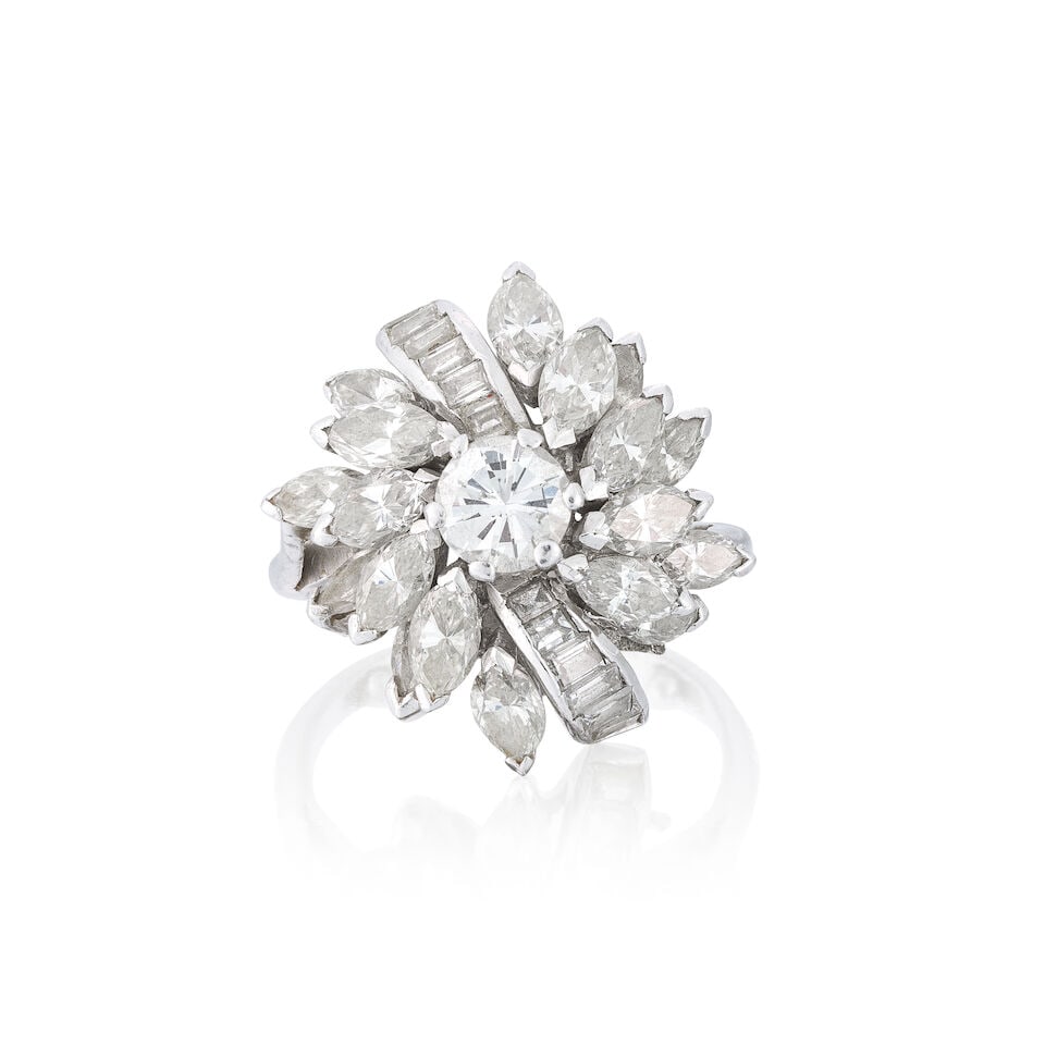 DIAMOND DRESS RING: DIAMOND DRESS RING Brilliant, marquise and baguette-cut diamonds approx. 3.30cts total Ring size very approx. I½ (sizing beads) Weight approx. 10.0g Footnotes: OVERALL CONDITION Some surface