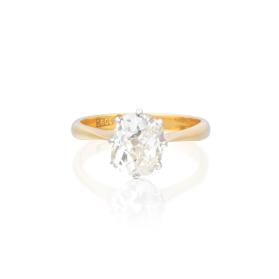 DIAMOND SINGLE-STONE RING: DIAMOND SINGLE-STONE RING Old cushion-cut diamond weighing 1.59 carats Ring size approx. L Weight approx. 3.0g Footnotes: OVERALL CONDITION Light wear to unhallmarked yellow metal stamped to inner