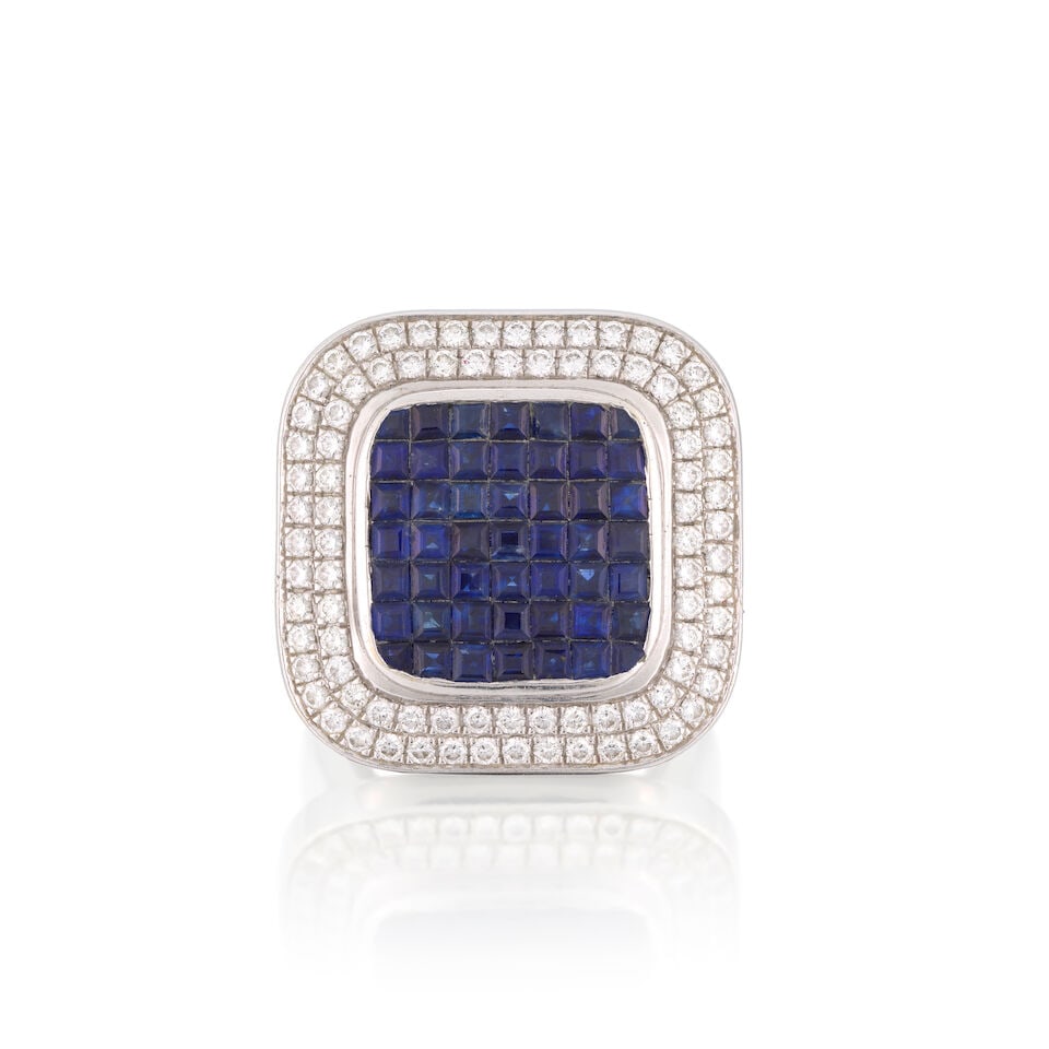 SAPPHIRE AND DIAMOND RING: SAPPHIRE AND DIAMOND RING Calibré-cut sapphires Brilliant-cut diamonds approx. 1.29cts total Ring size approx. O½ Weight approx. 18.5g Footnotes: OVERALL CONDITION Light surface wear to