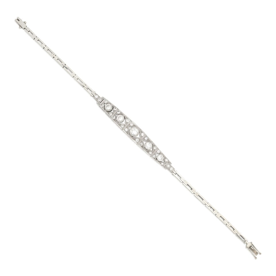 DIAMOND-SET BRACELET, CIRCA 1910: DIAMOND-SET BRACELET, CIRCA 1910 Brilliant-cut diamonds approx. 1.35cts total Set in white gold Length 17.5cm Weight approx. 13.0g Footnotes: OVERALL CONDITION Some surface wear, residue and light