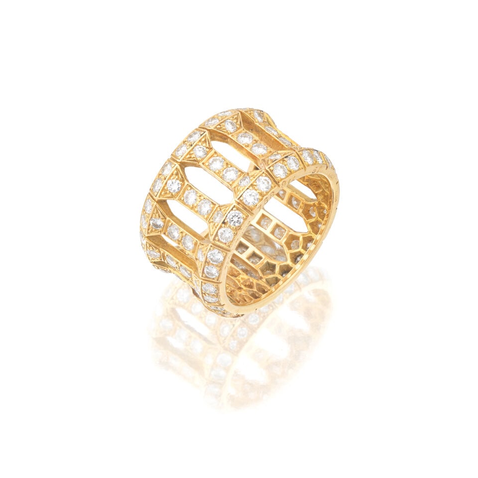 CARTIER: DIAMOND-SET 'ANTHALIA' RING: CARTIER: DIAMOND-SET 'ANTHALIA' RING Of openwork columnar design Brilliant-cut diamonds approx. 2.75cts total 18 carat gold Signed Cartier, numbered 758914, maker's mark, London hallmark Ring size